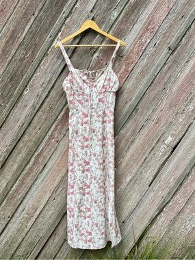 Floral Corset Back Midi Dress | Cottagecore Rose Print Slip Dress | M